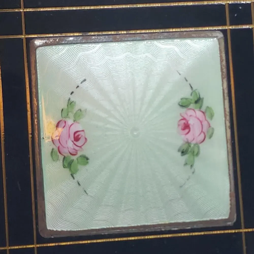 Vintage Shields Guilloche Enamel Rose Powder Compact Black Art Deco Mirror Case